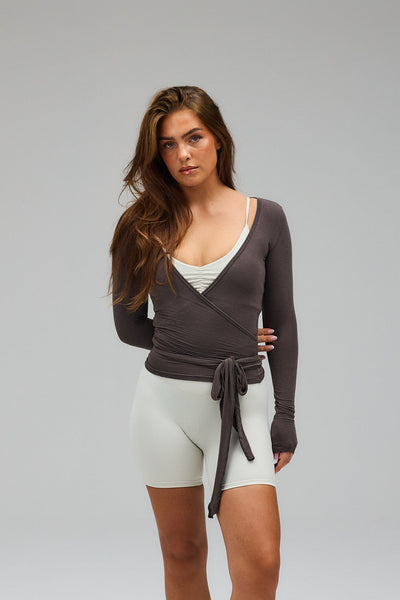 Elena – Elegant Wrap Design – Grey Blouse