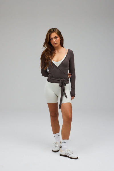 Elena – Elegant Wrap Design – Grey Blouse