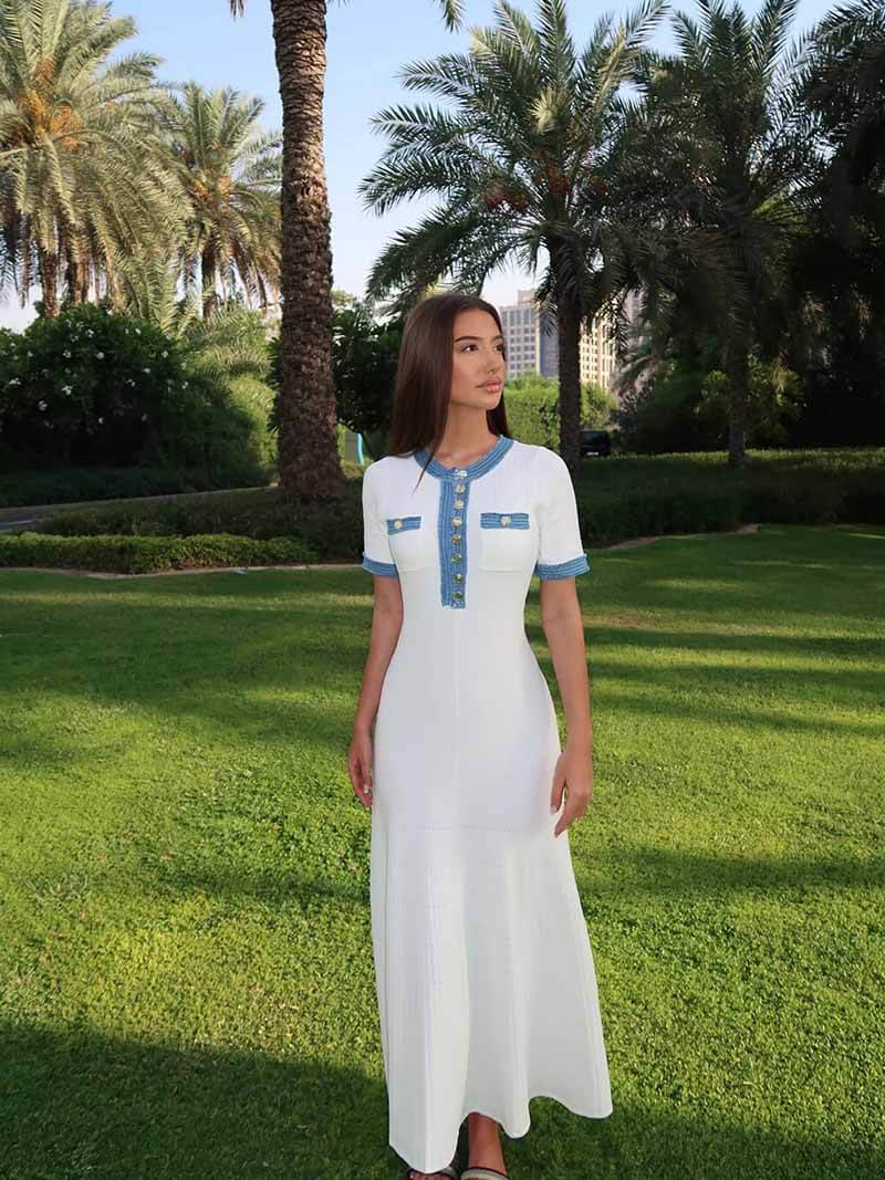 Elara – Stylish Frayed Denim Detail – Maxi Dress