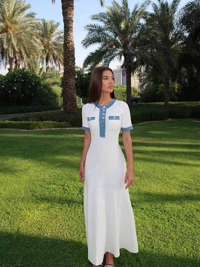 Elara – Stylish Frayed Denim Detail – Maxi Dress