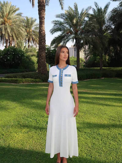 Elara – Stylish Frayed Denim Detail – Maxi Dress